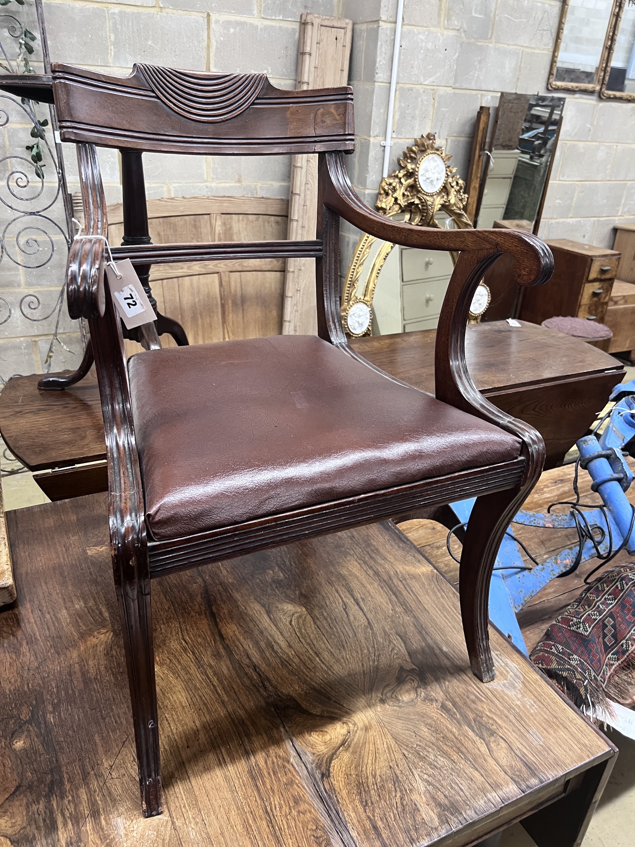 A Regency mahogany elbow chair, width 56cm, depth 46cm, height 83cm